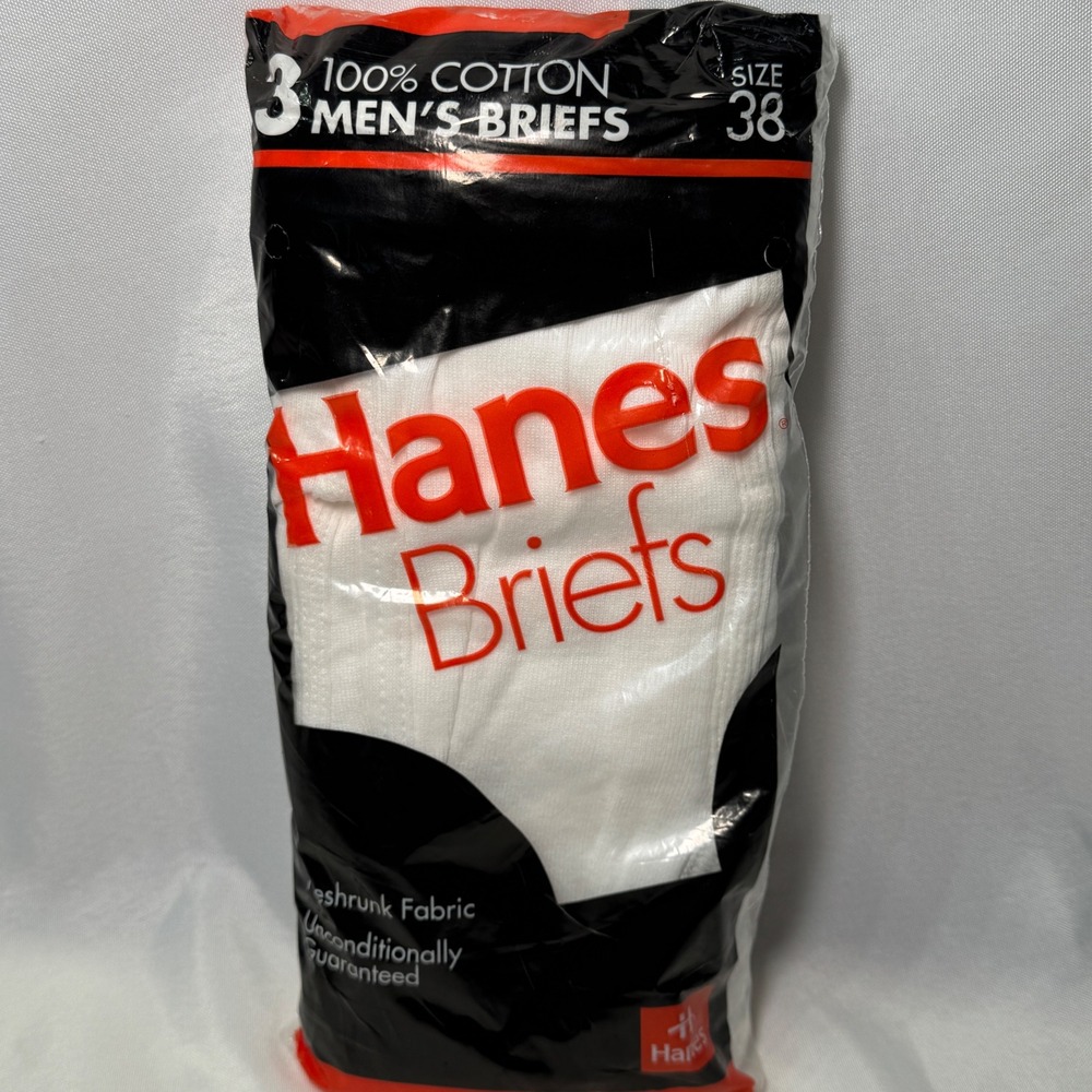 Vintage 1992 Hanes Mens Briefs 3 Pack White 100% Cotton Size 38 Deadstock NOS